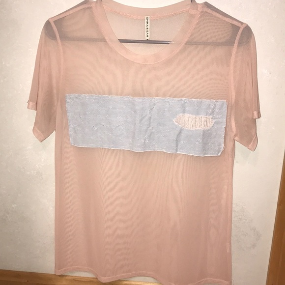 Emma & Sam pink mesh with denim patch t shirt - Picture 2 of 6